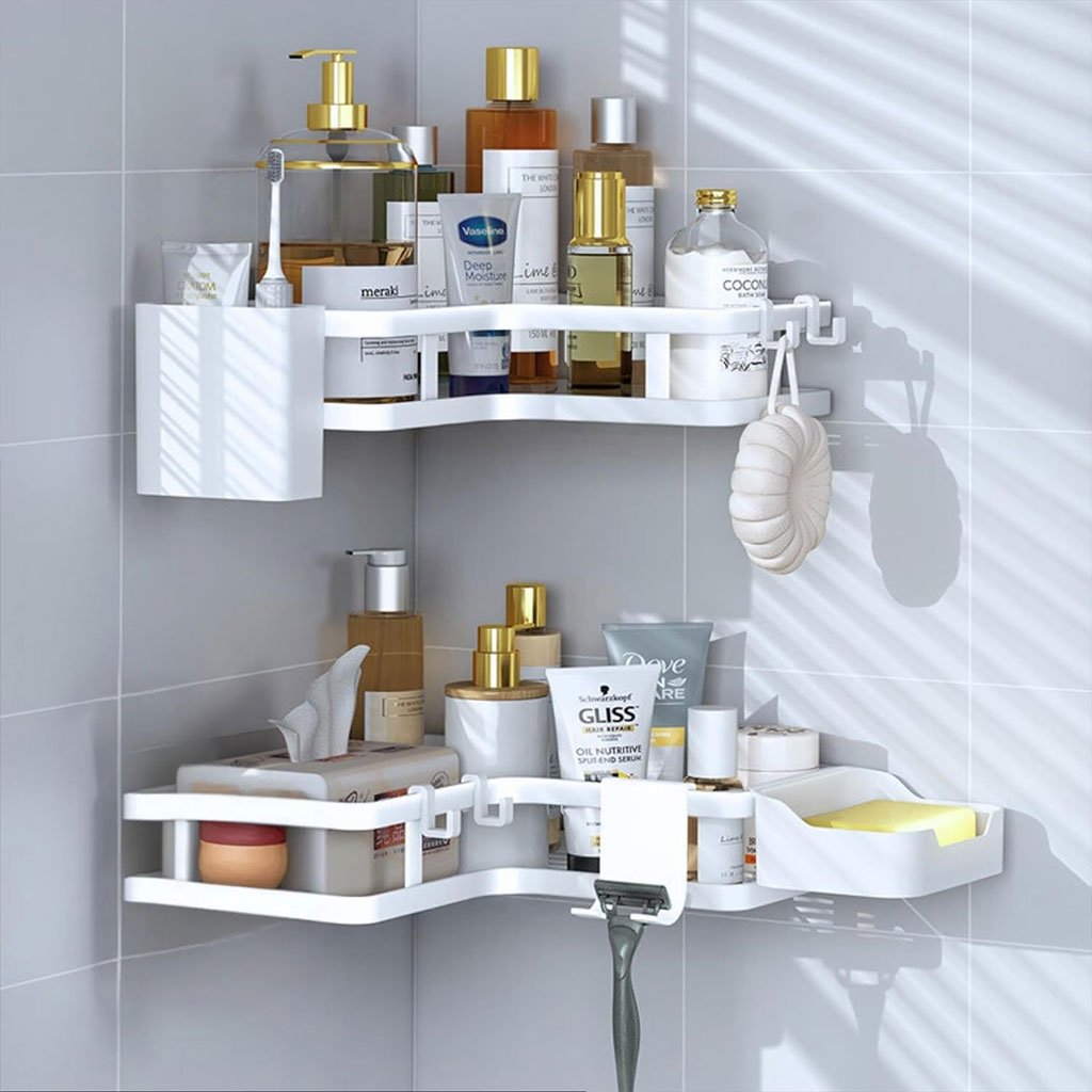 Corner-shower-4pcs-CNC-BLANC-3.jpg Étagère de rangement pour salle de bain 4pcs en acier inoxydable – طقم رفوف تنظيم للحمام - الصورة 1