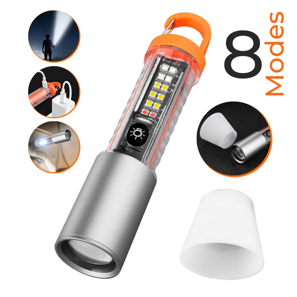 HS-2302-cnc-2.jpg Lampe de Poche LED Multi-Fonction avec Zoom, Laser et 8 Modes d’Éclairage – Torche Étanche pour Camping d’Urgence avec Magnet - الصورة 1