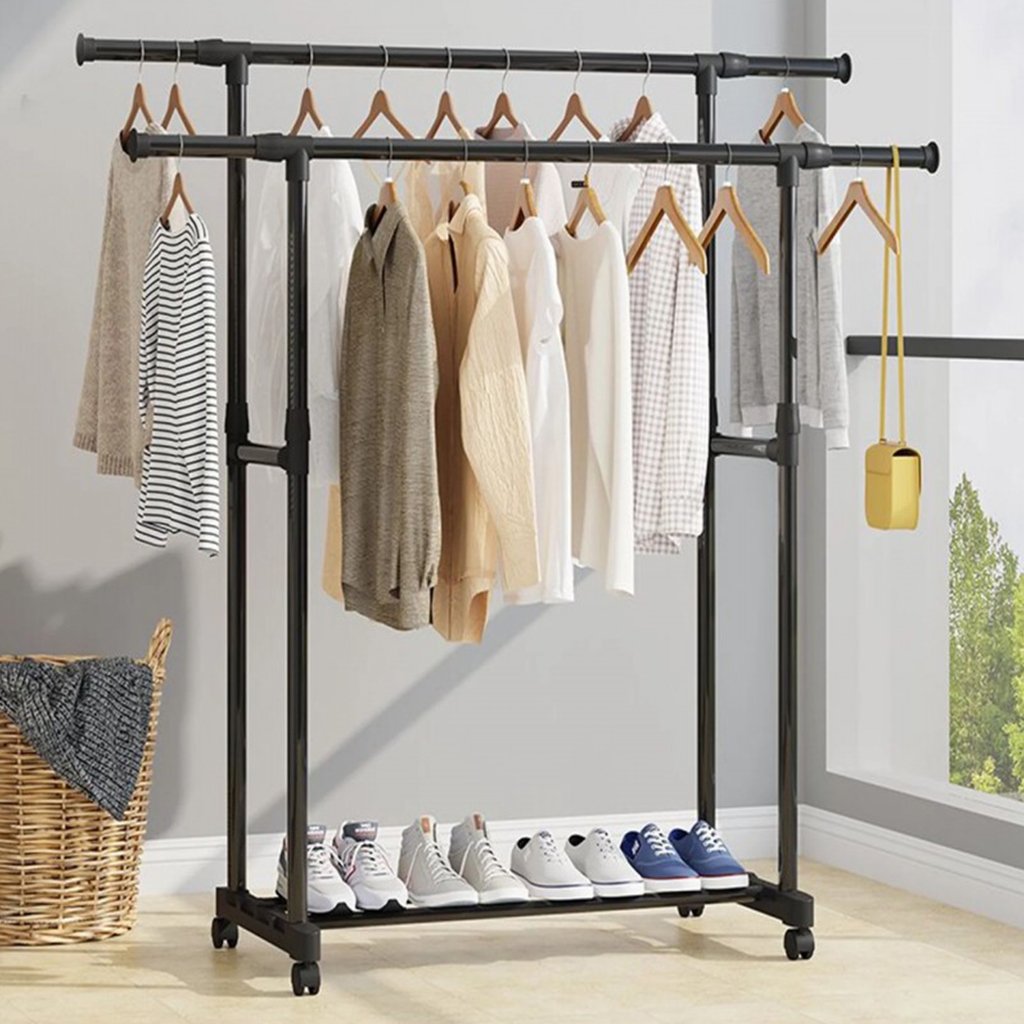 Pendrie-1ET-8-2.jpg Penderie Mobile Double Barres Extensible Hauteur réglable avec 4 Roulettes V6 - الصورة 1