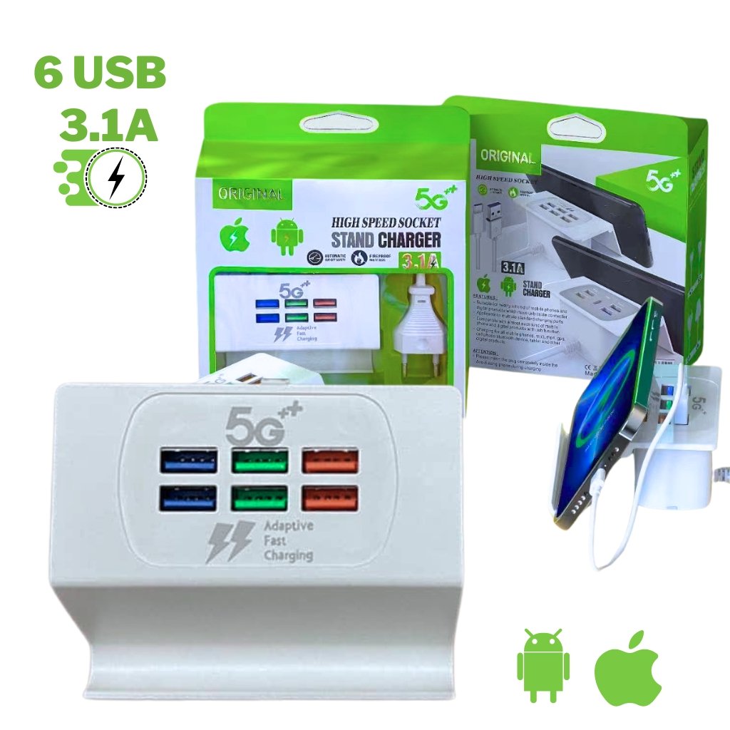 xr:d:DAFz9De9ed8:2240,j:5821319731214193905,t:24013111 Station De Charge Rapide USB Avec 6 Prises et support Smart-phone - قاعدة شحن سريعة مع 6 مقابس، حامل هاتف - الصورة 1