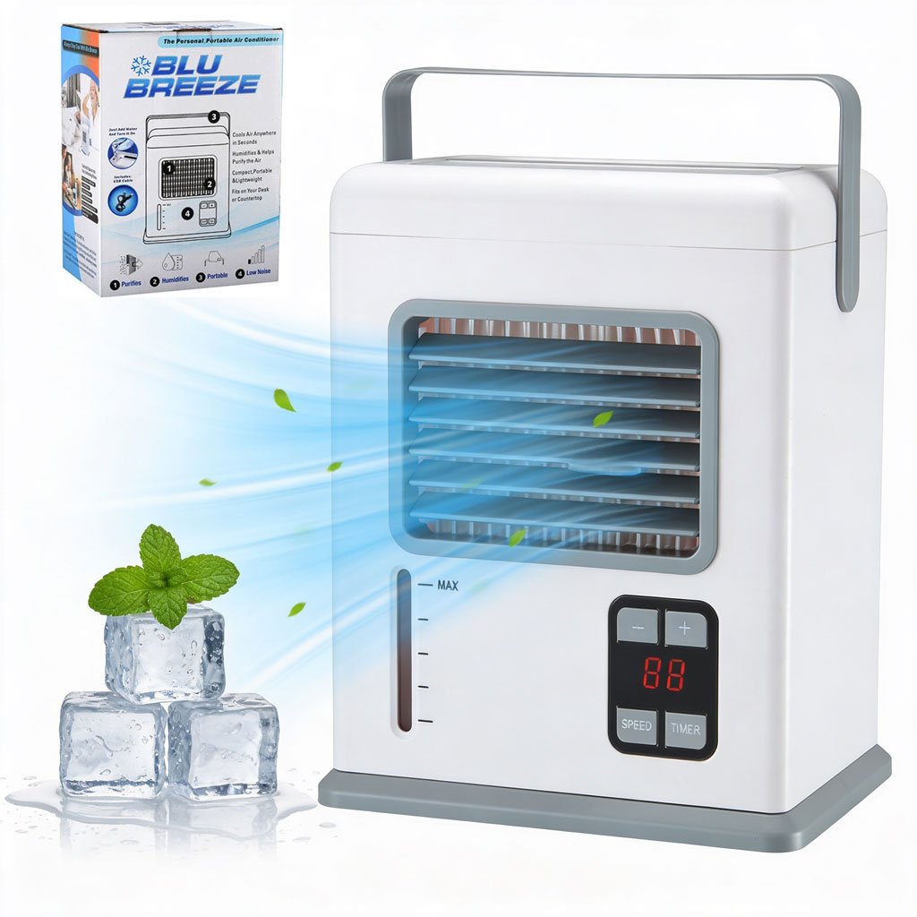 1777890691081_qpg0mro2_blu-breeze-cnc Refroidisseur d'Air Évaporatif Portable USB/AC Blu Breeze - مبرد هواء محمول مع نظام طاقة مزدوج - الصورة 1
